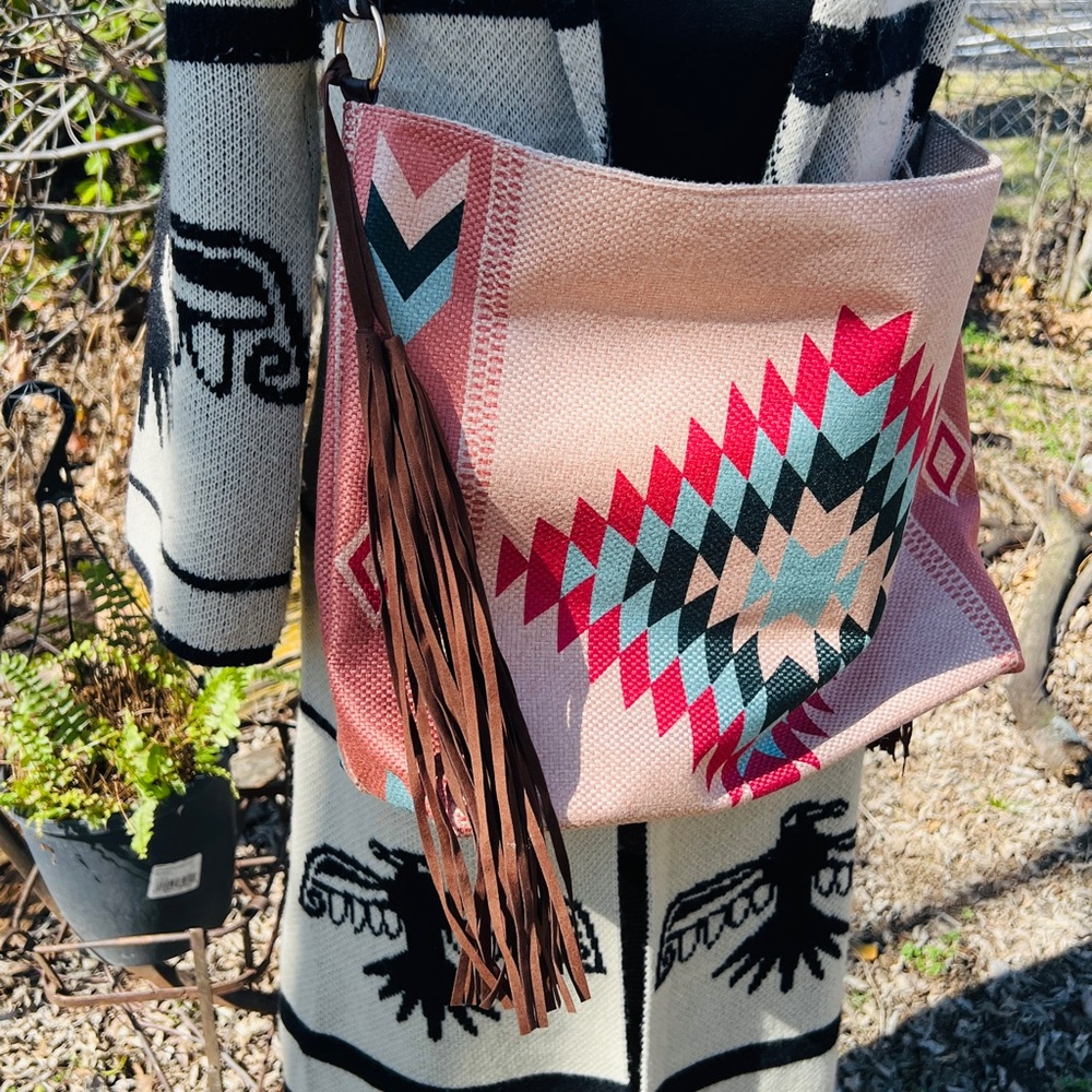 Southwestern Native American Tribal Geo Print Tassel Shoulder Bag